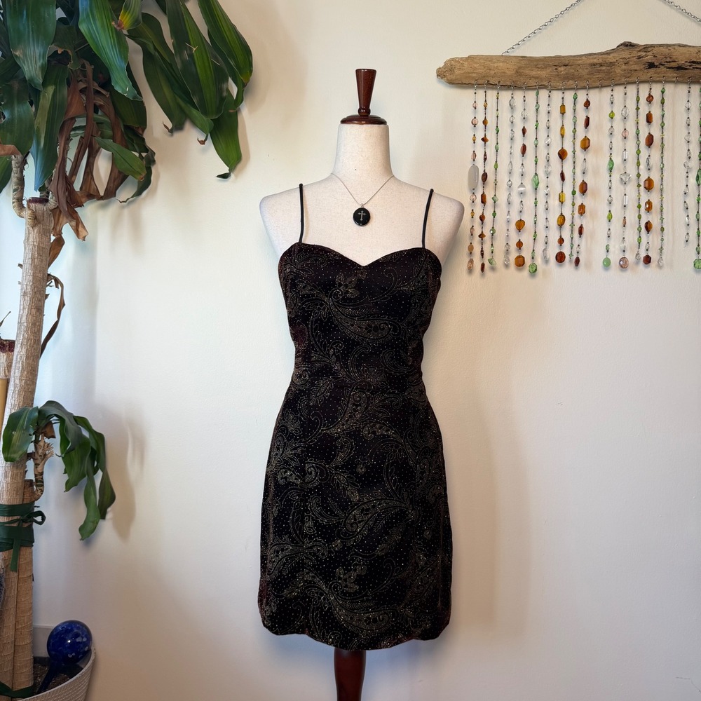 Vintage 90s Whimsigoth Velvet Sparkly Paisley Mini Dress Dark Purple Maroon 9/10